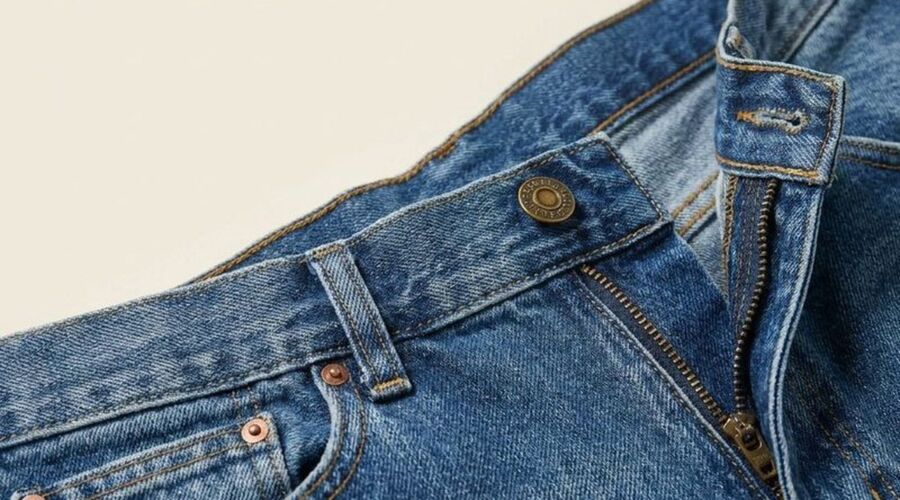 Close-up of the waistband and fly of straight jeans with a metal shank button