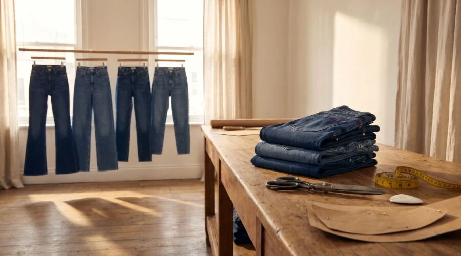 Pair of jeans laid flat beside a tape measure and a notebook of measurements