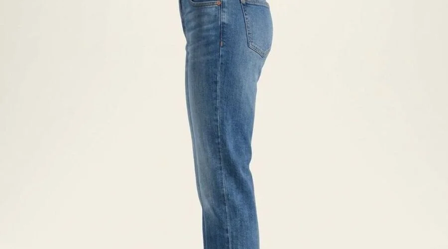 Side view of straight jeans showing the full leg length from waistband to hem