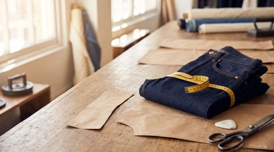 Jeans pattern pieces with chalk marks at the thigh and waist on a tailor's table