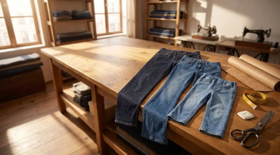 Several pairs of jeans in different leg shapes hanging on a wooden rail in a sunny workshop