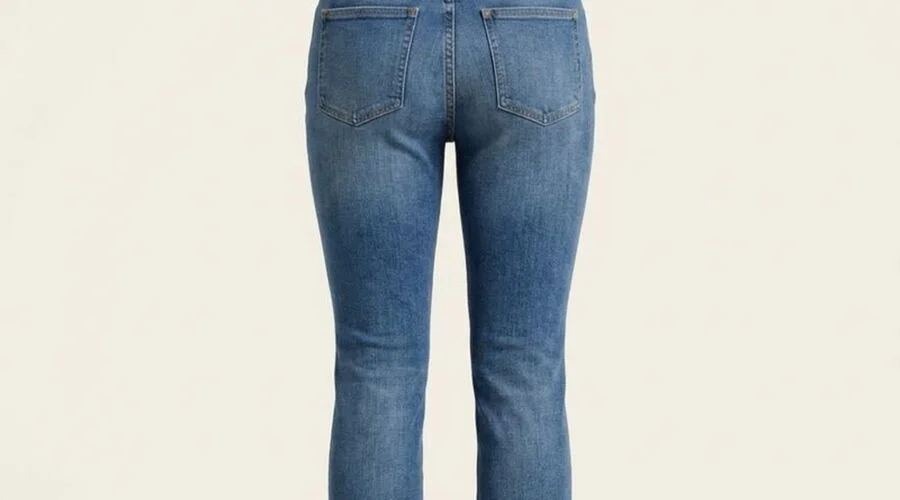 Back view of bootcut jeans showing the yoke, back pockets, seat seam and leg