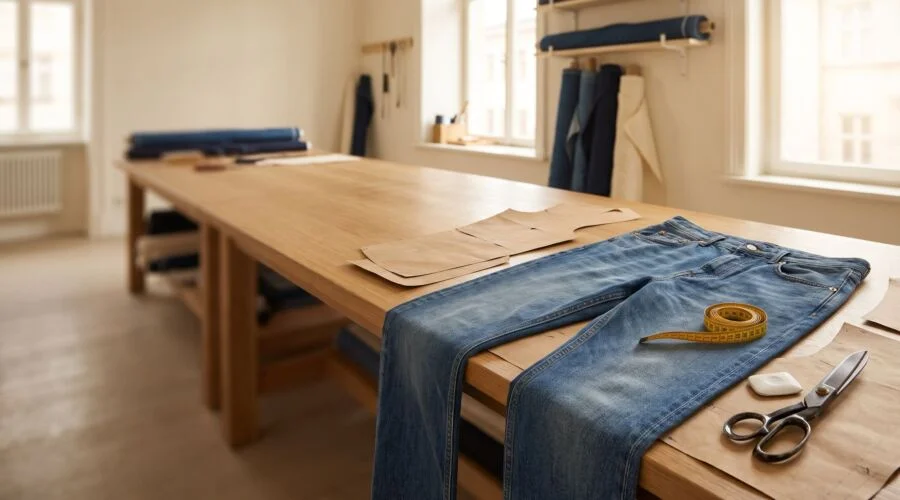 Men's relaxed-fit jeans in dark wash folded on a workbench beside pattern pieces
