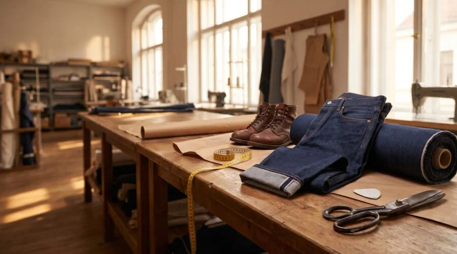 Raw indigo selvedge jeans with a turned-up cuff beside a bolt of denim on a tailor's table