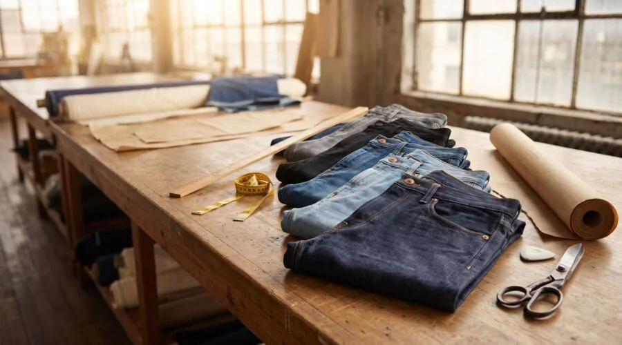 Six pairs of jeans in different washes folded on a tailoring table