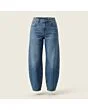 Women's barrel jeans, made to measure, mid wash, front view