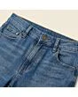 Close-up of the waistband, button and fly on women's flare jeans