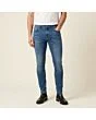 Close-up of the waistband, button and fly on men's skinny jeans