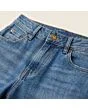 Close-up of the waistband, button and fly on women's wide leg jeans