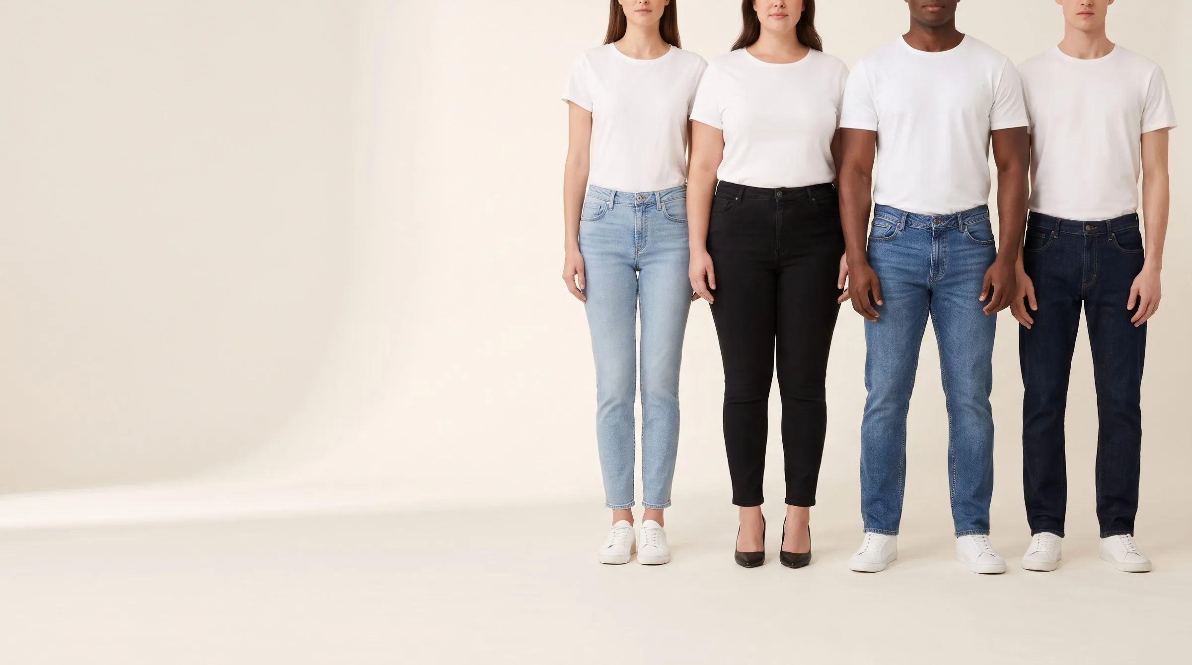 Five pairs of jeans in different leg shapes fanned across a cutting table beside chalk torso outlines on pattern paper