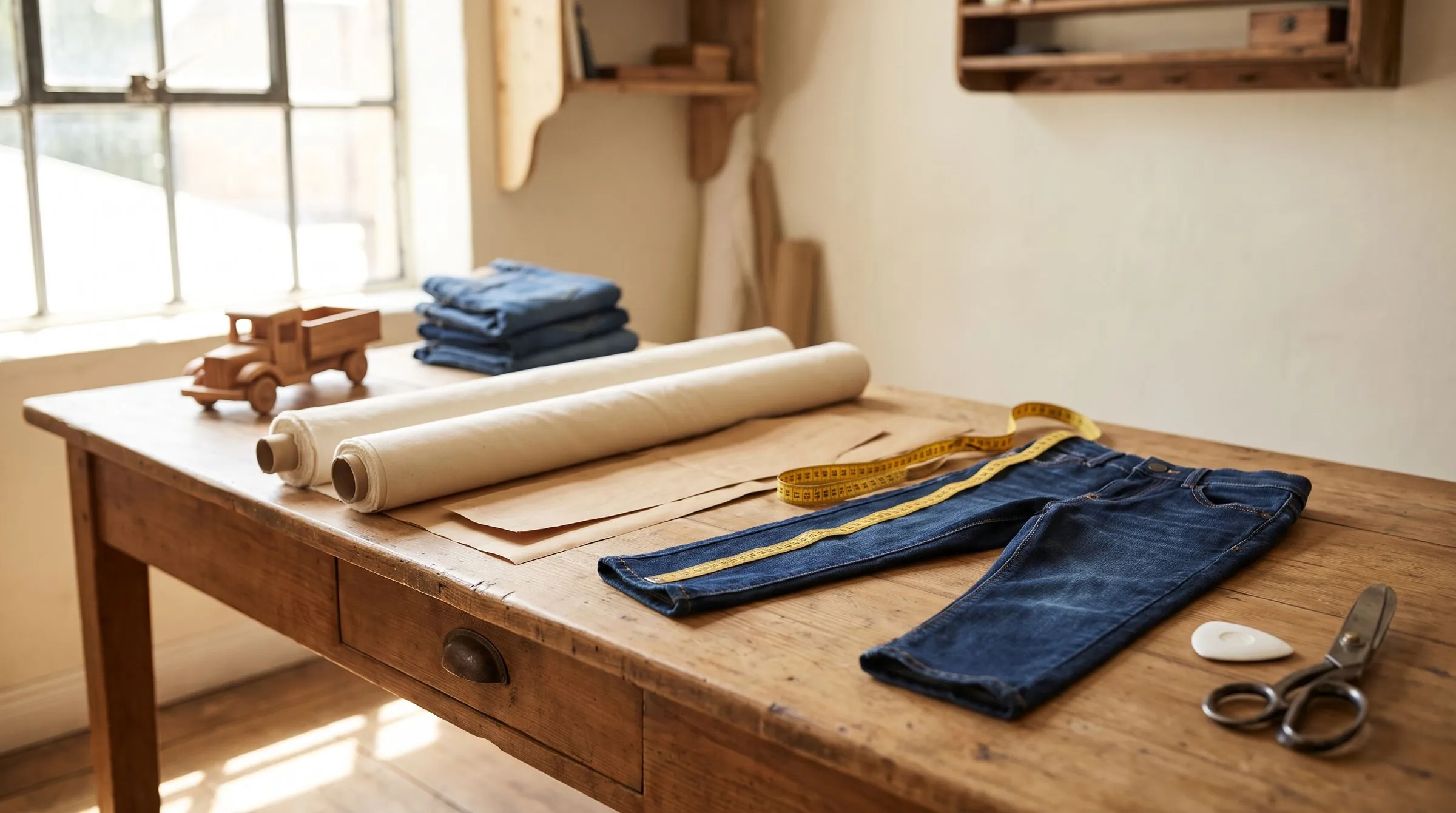 Dark-wash boys' jeans on a cutting table, a tape measure along the inseam, chalk marks at the knee and a sneaker at the hem