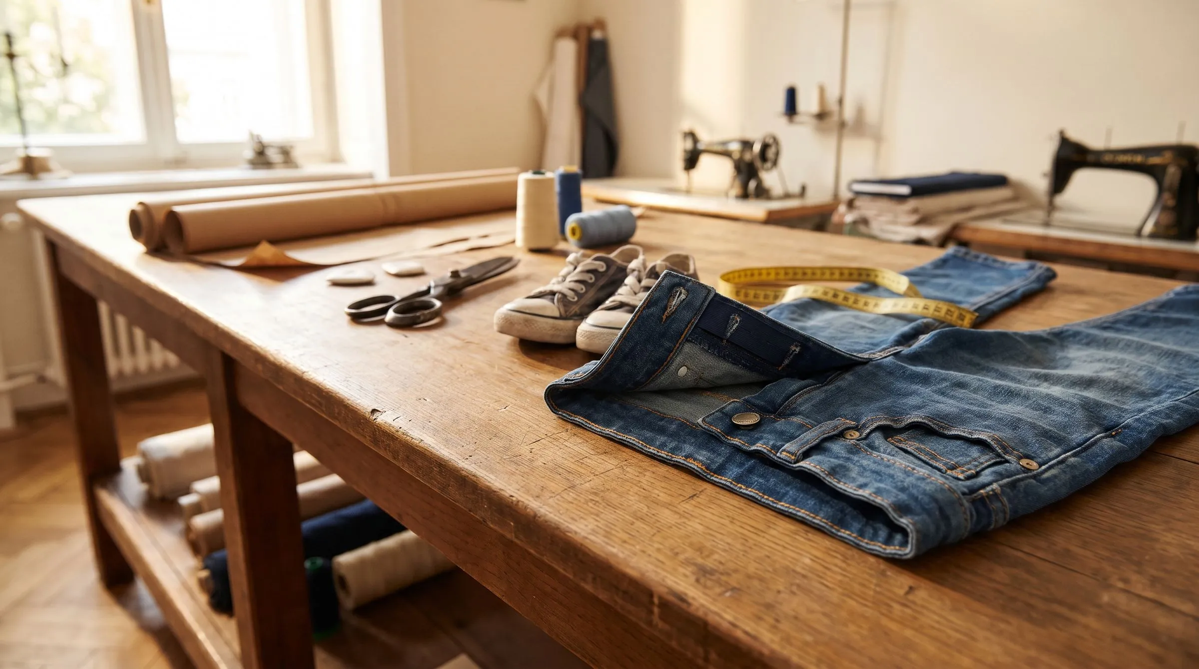 Mid-wash girls' jeans on a pale atelier table beside a fan of denim swatches, a tape measure and a blank woven label