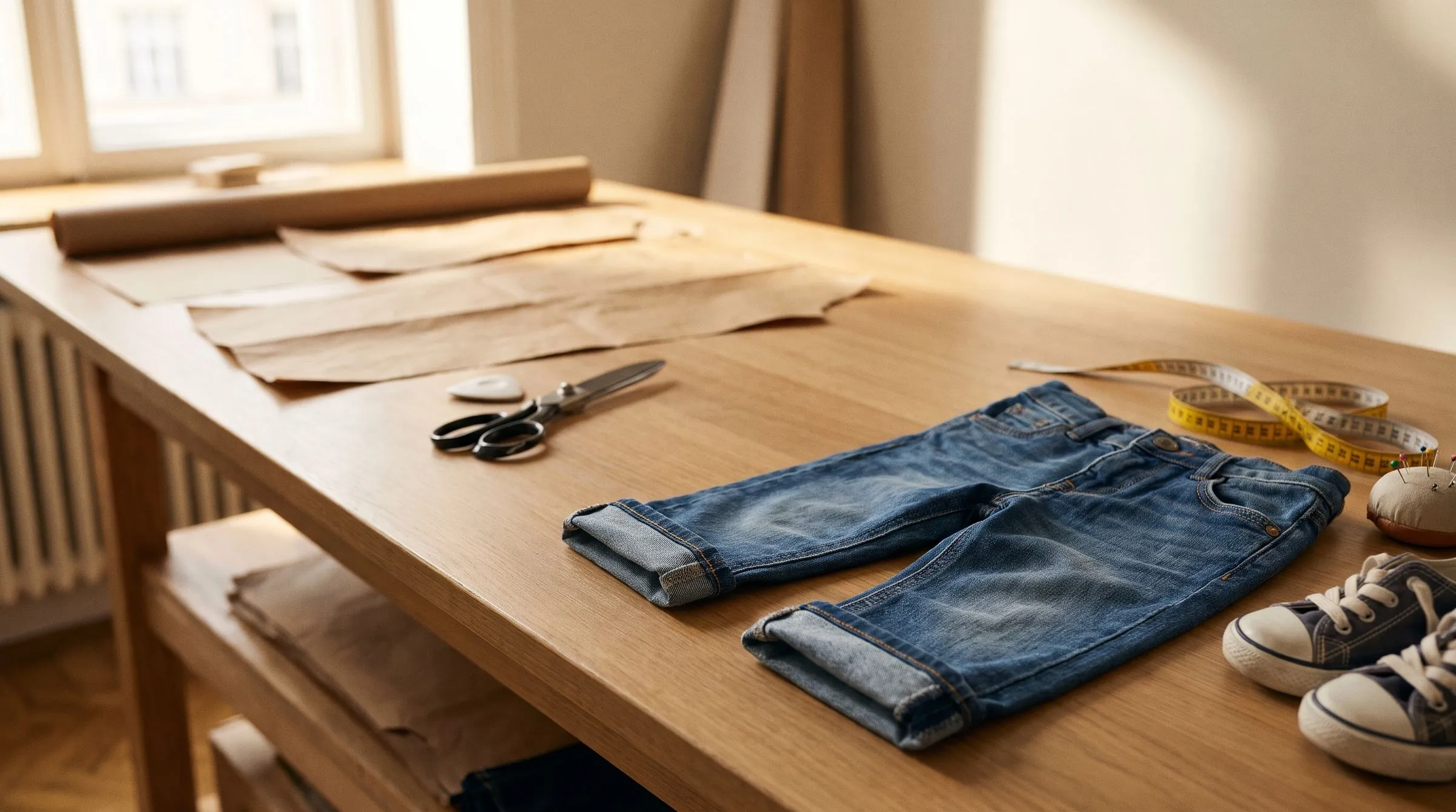 Three small pairs of jeans on a wooden cutting table, one hem folded open, beside a tape measure and a blank name label