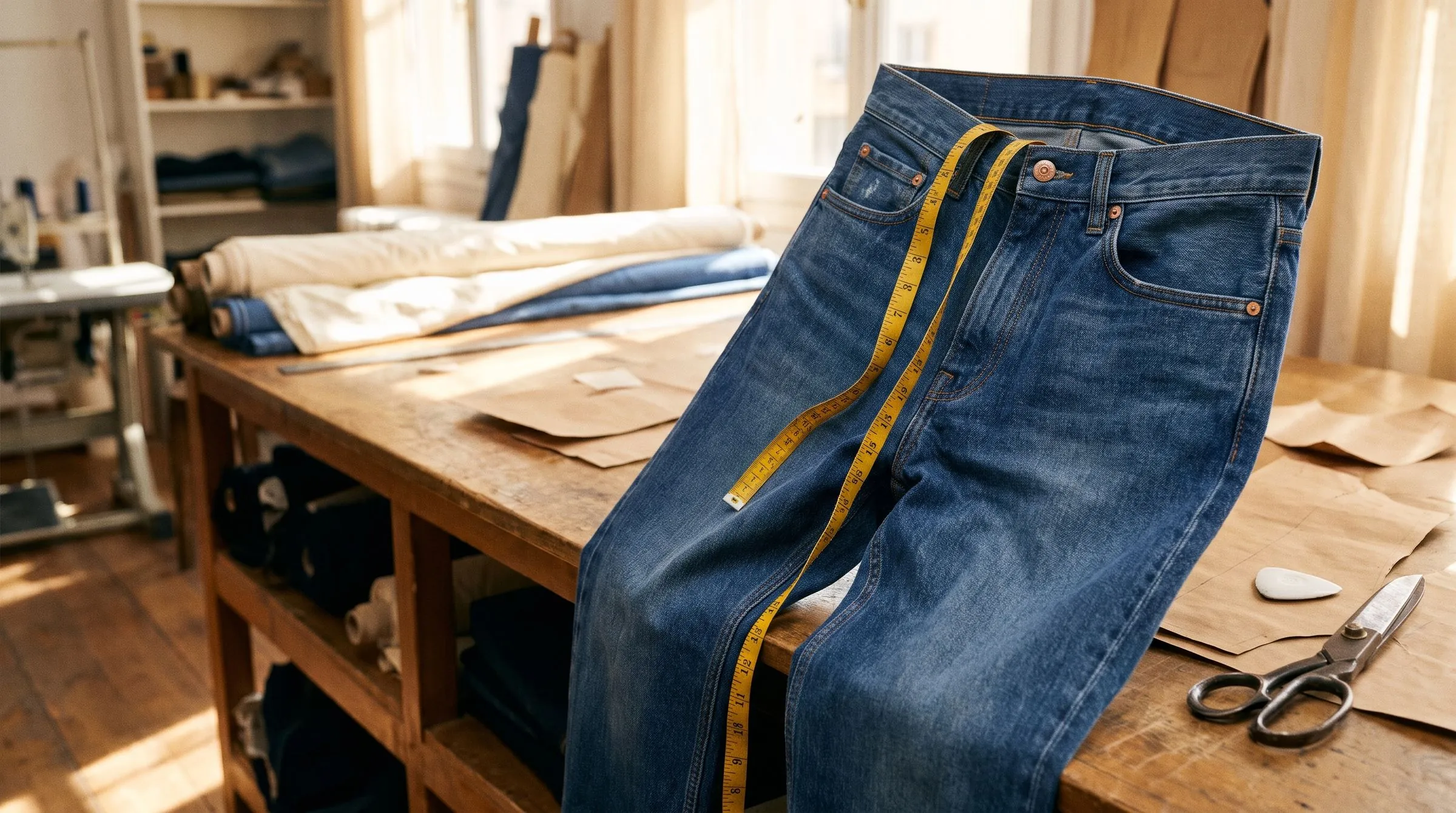 Generously sized dark rinse jeans on a heavy wooden hanger, a tape measure looped at the waistband in a warm atelier