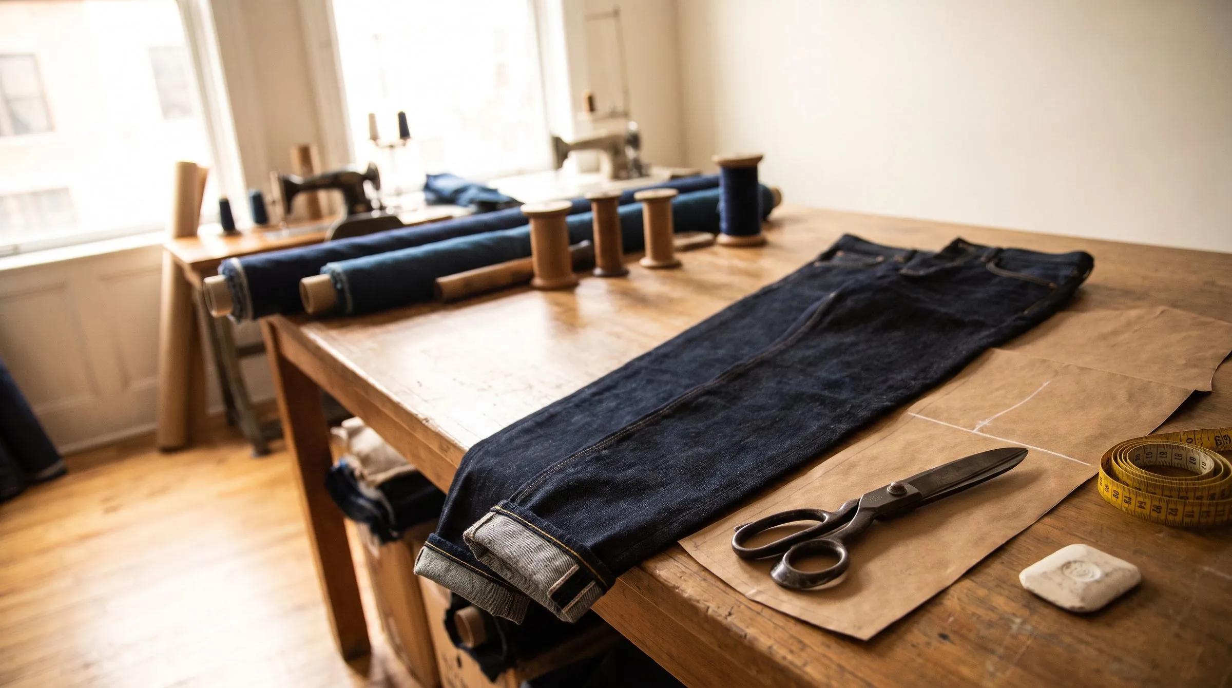 A store pair of jeans with its hem folded up beside a slim pair cut to length on kraft paper, a short tape measure between
