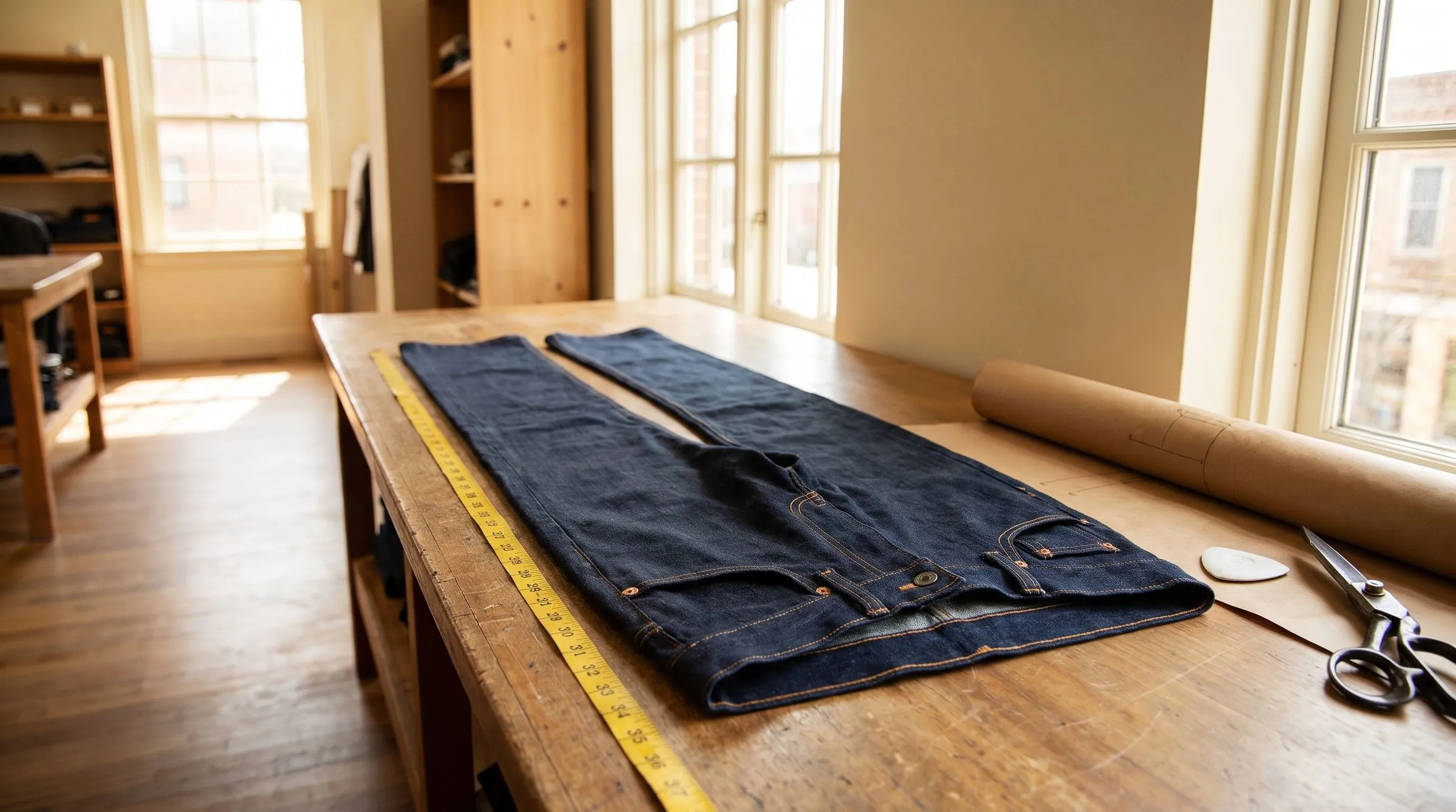 A very long pair of mid-wash jeans laid diagonally across a wide cutting table, a long tape measure beside them