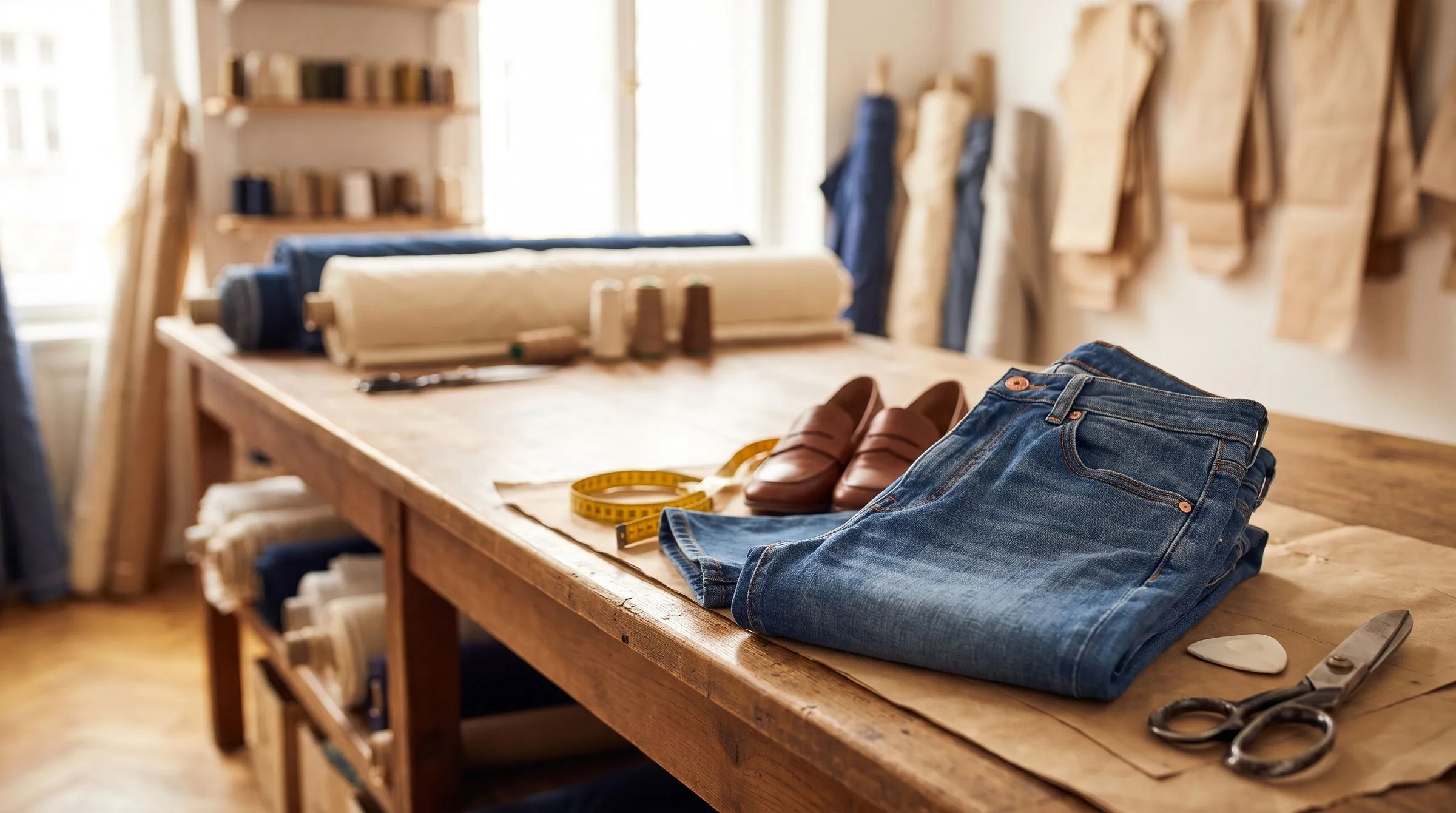A short-inseam skinny jean beside a regular pair on a cutting mat, chalk marks showing rise and knee sitting higher