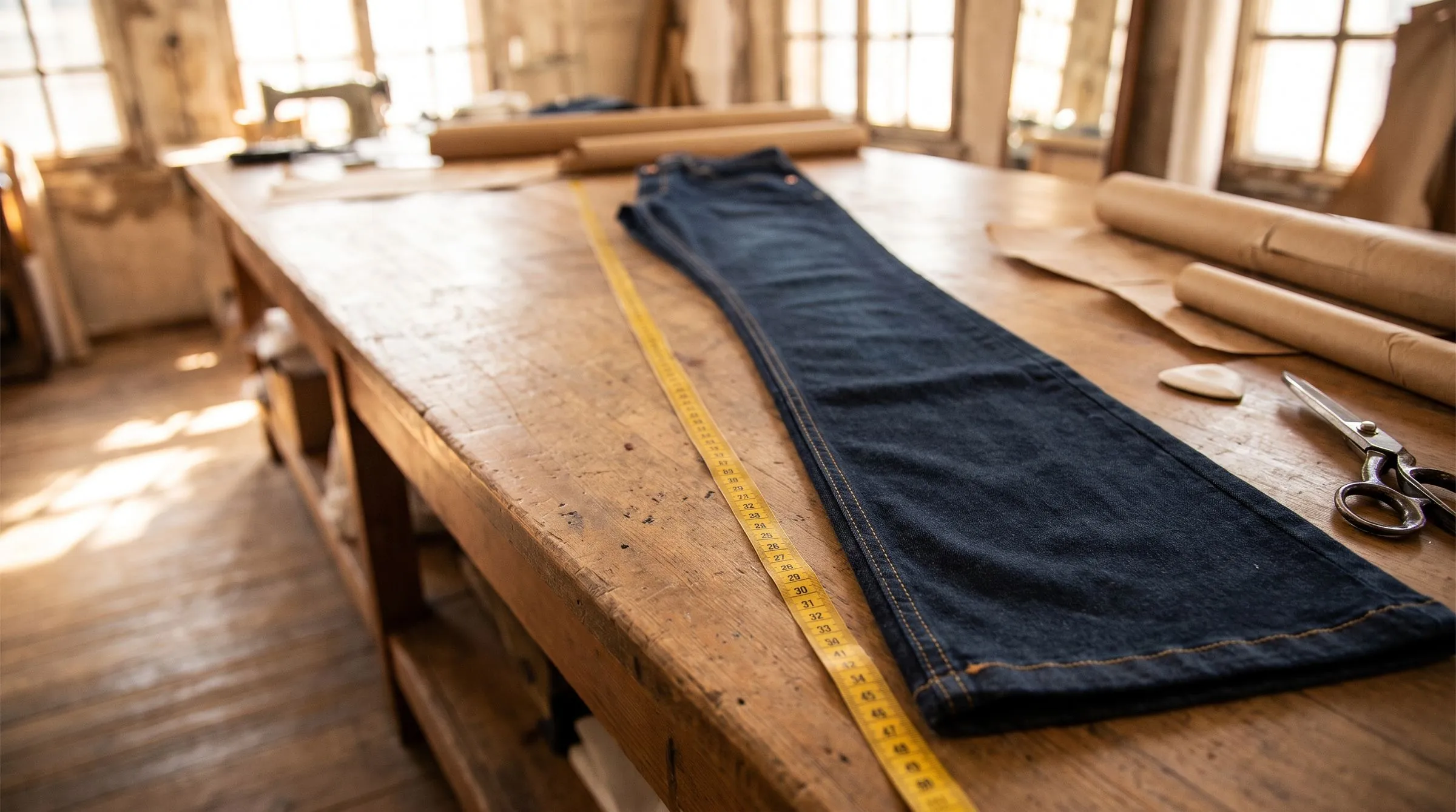 Dark-wash wide leg jeans on a tall dress form in a high-ceilinged atelier, hem touching the floor over a block heel