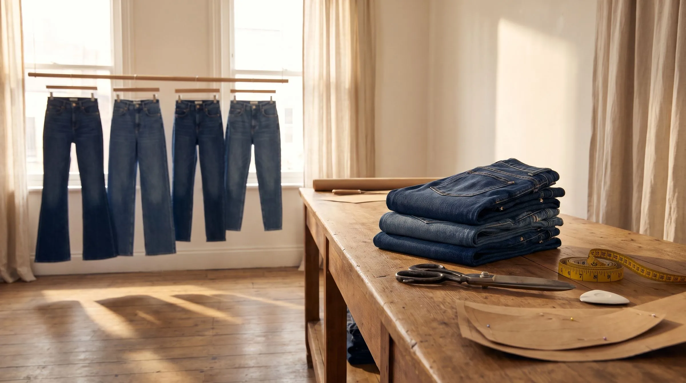 Seven women's jeans on wooden hangers along a studio rail, skinny to barrel, with a chalk-marked pattern piece behind