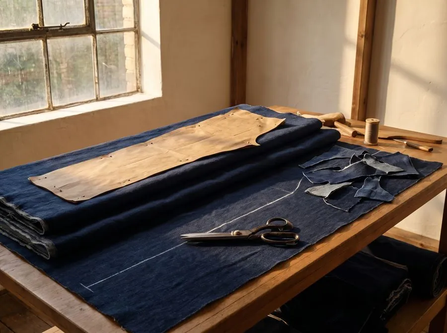 Indigo denim layers with a paper pattern and shears on a cutting table