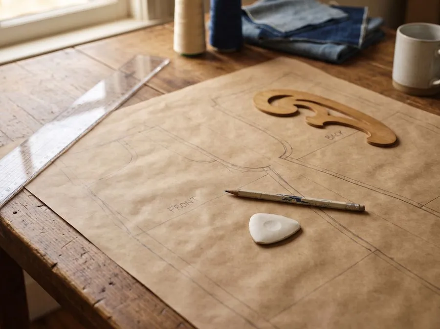 Paper jeans pattern with a ruler and French curve on a tailoring table
