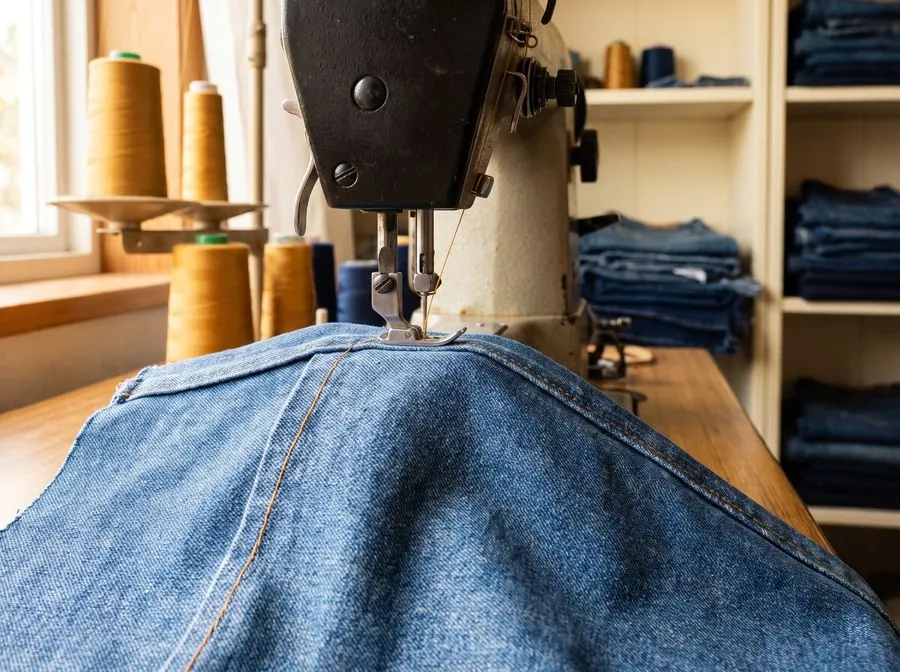 Industrial sewing machine stitching gold topstitching on denim