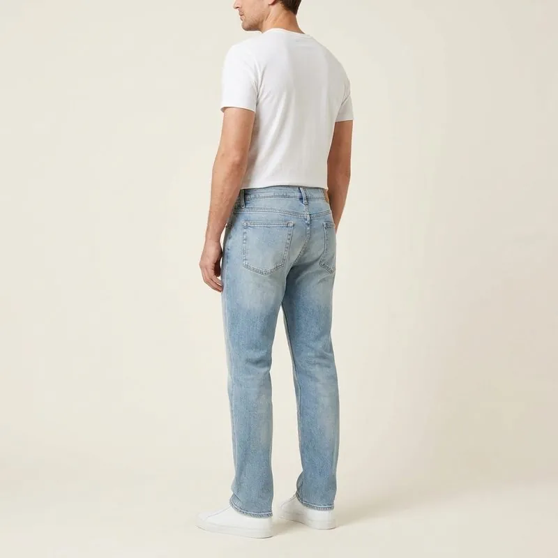 Straight jeans worn by a man with a rectangle body shape, back view
