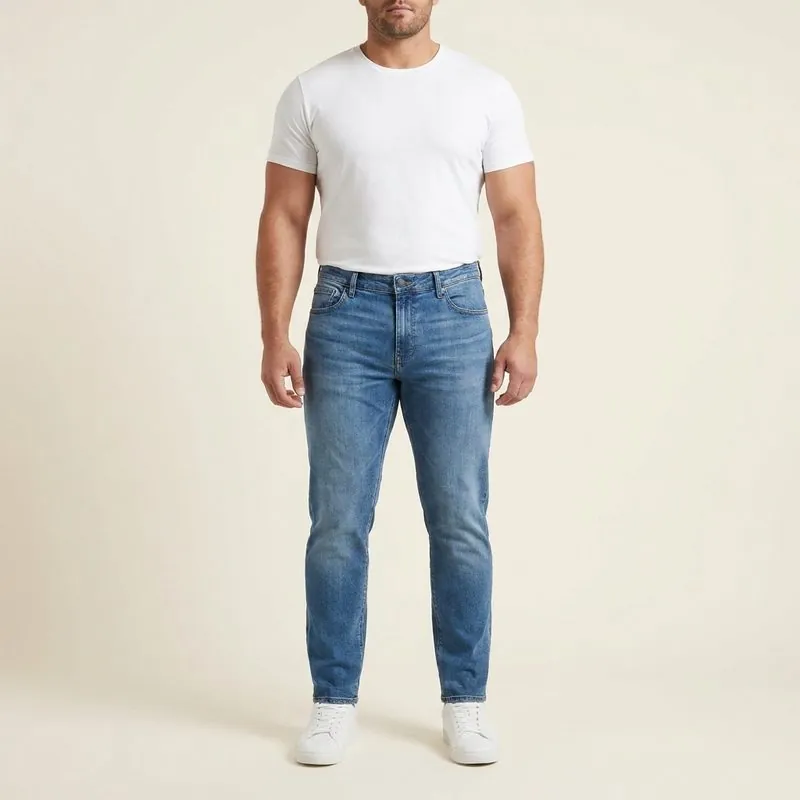 Athletic Taper jeans worn by a man with a rhomboid body shape