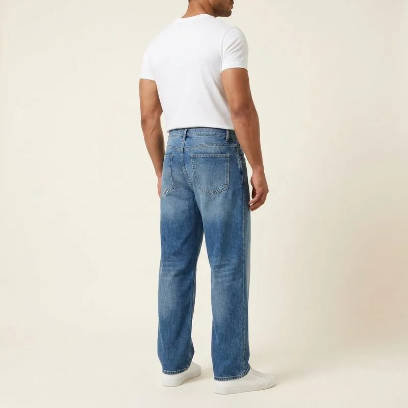 Relaxed jeans worn by a man with a rhomboid body shape, back view