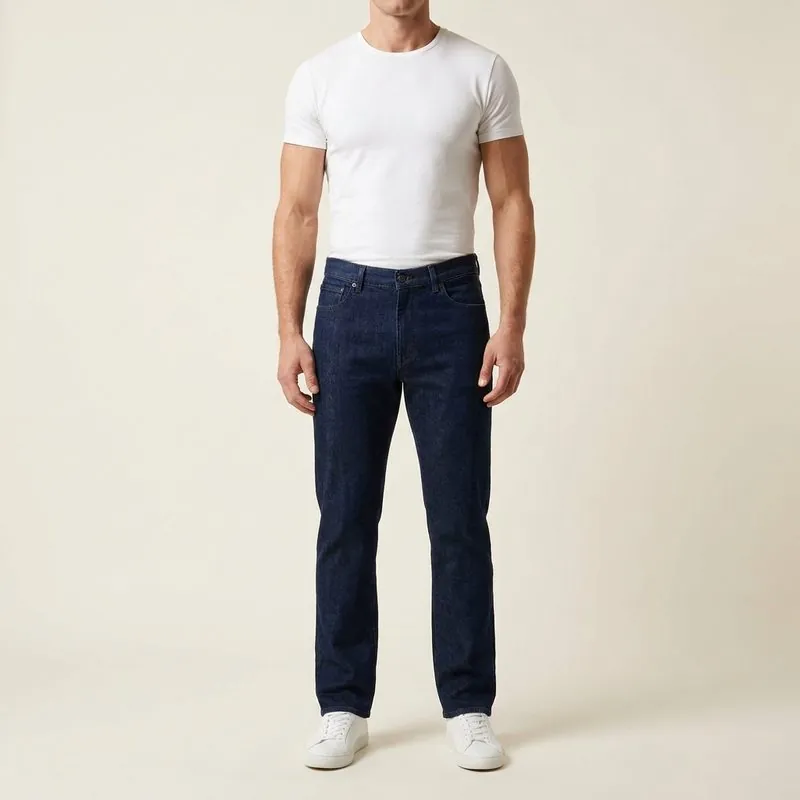Straight jeans worn by a man with a rhomboid body shape