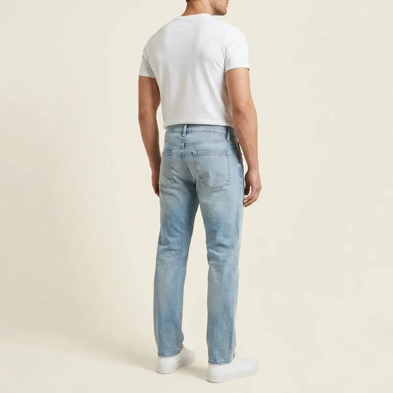 Straight jeans worn by a man with a rhomboid body shape, back view