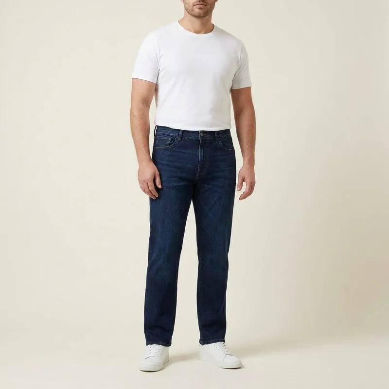 Straight jeans worn by a man with a trapezoid body shape