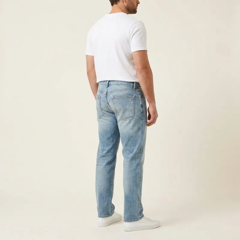 Straight jeans worn by a man with a trapezoid body shape, back view