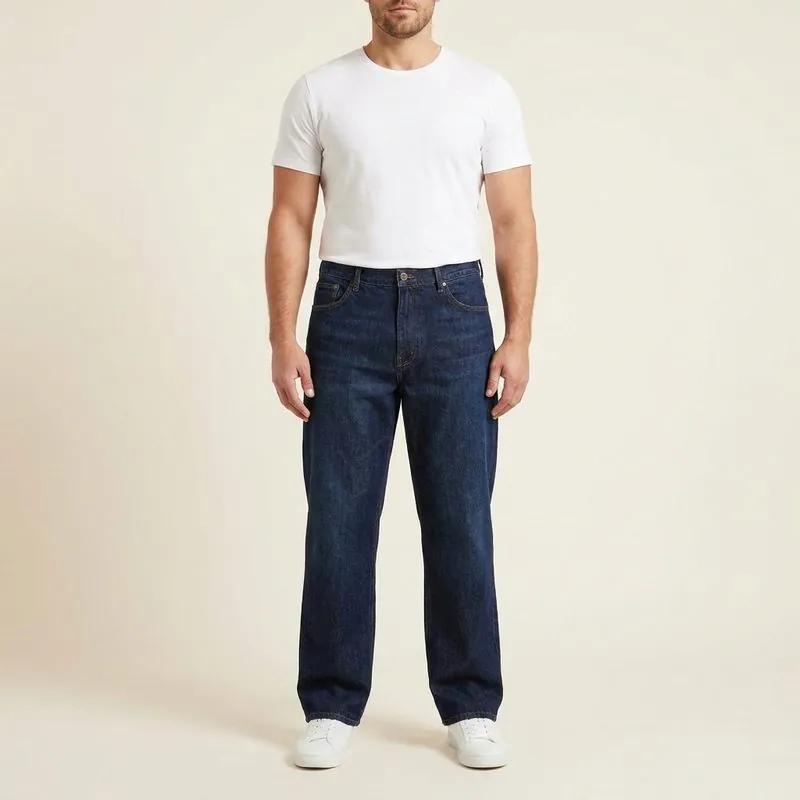 Relaxed jeans worn by a man with a triangle body shape