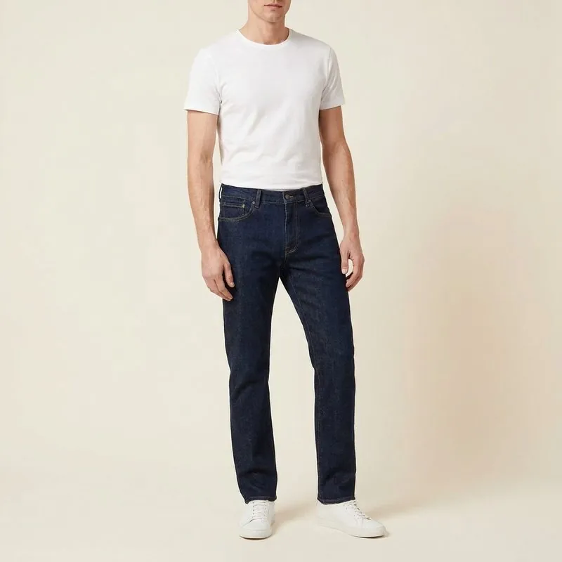 Straight jeans worn by a man with an ectomorph body type