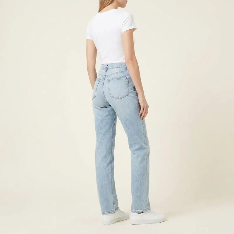 Straight jeans worn by a woman with an ectomorph body type, back view