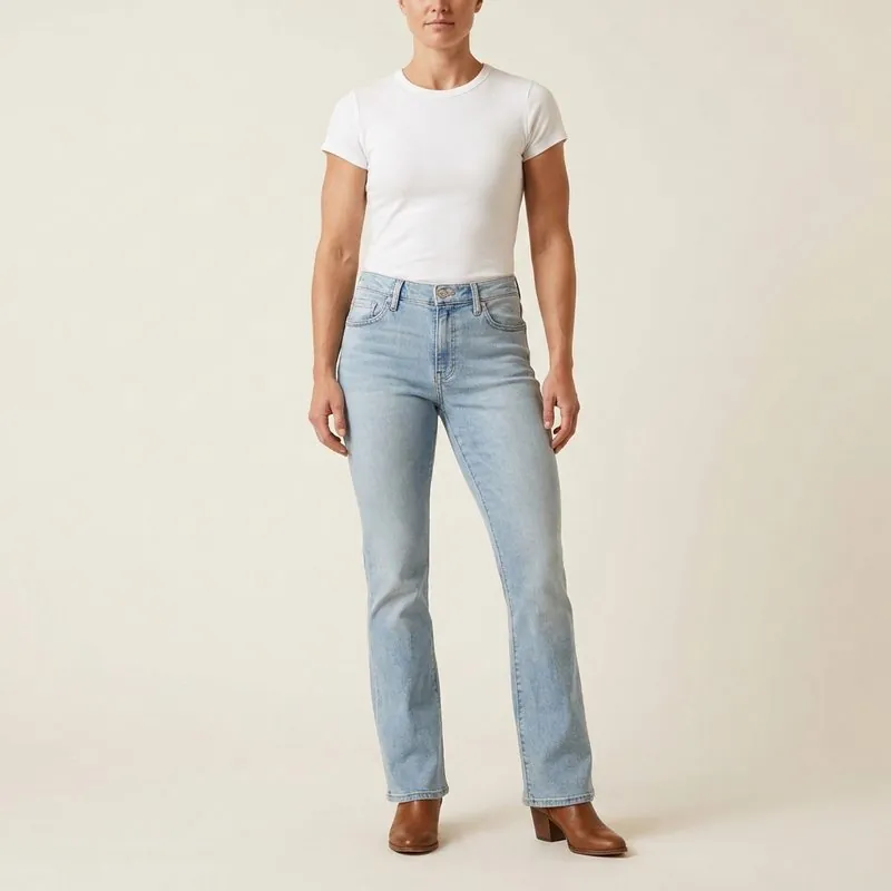 Bootcut jeans worn by a woman with a mesomorph body type