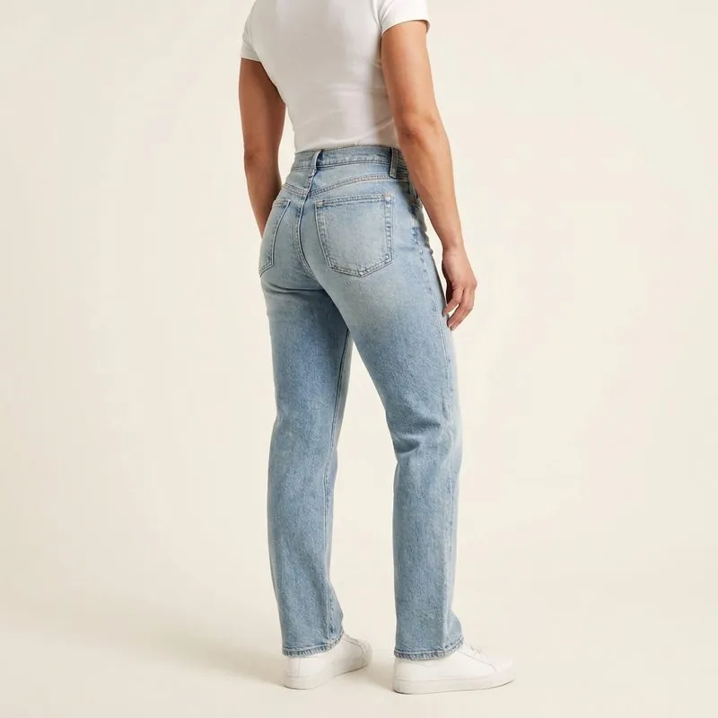Straight jeans worn by a woman with a mesomorph body type, back view