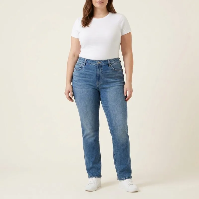 Straight jeans worn by a woman with an apple-shaped body