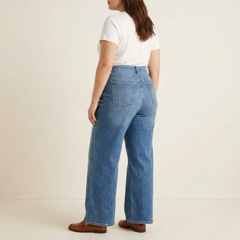 Wide Leg jeans worn by a woman with an apple-shaped body, back view