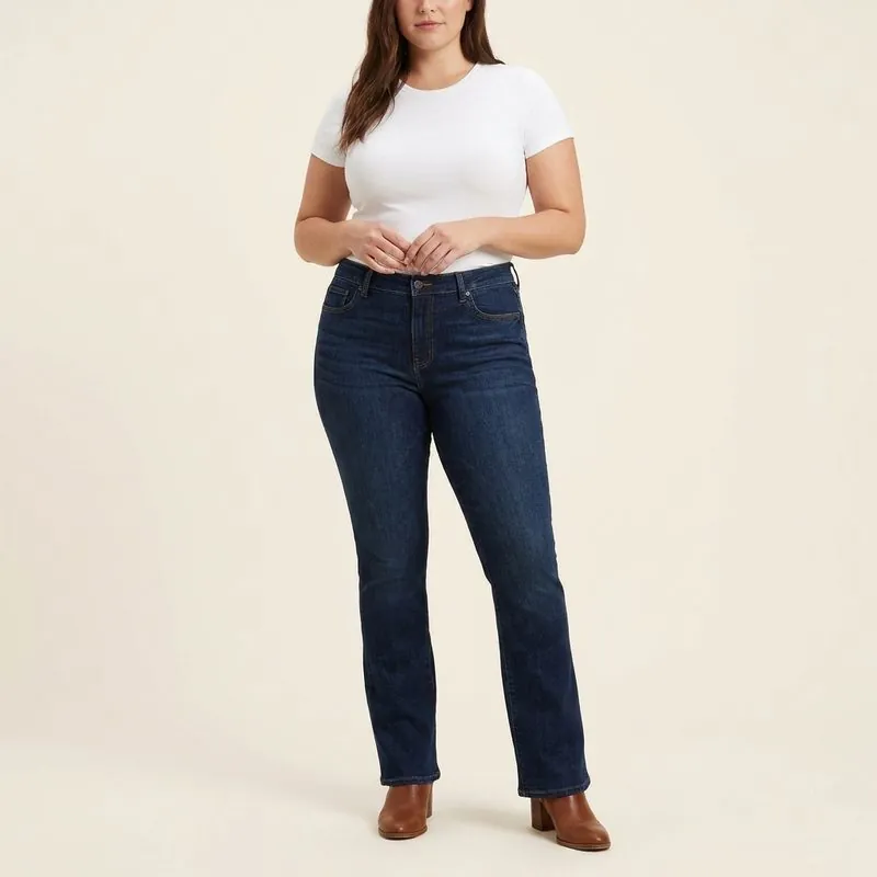 Bootcut jeans worn by a woman with a barrel body shape