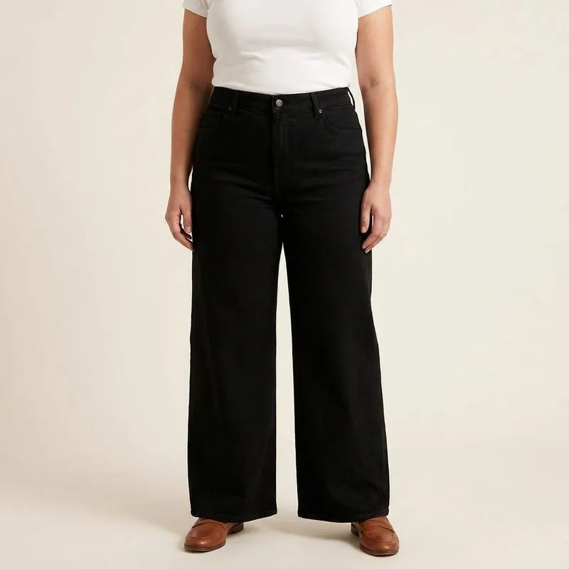 Wide Leg jeans worn by a woman with a barrel body shape