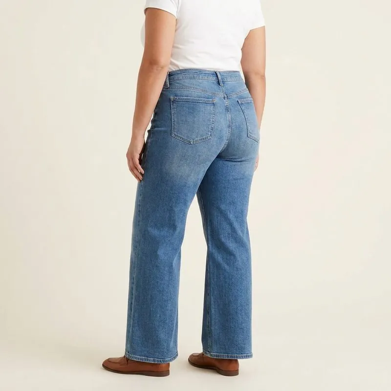 Wide Leg jeans worn by a woman with a barrel body shape, back view