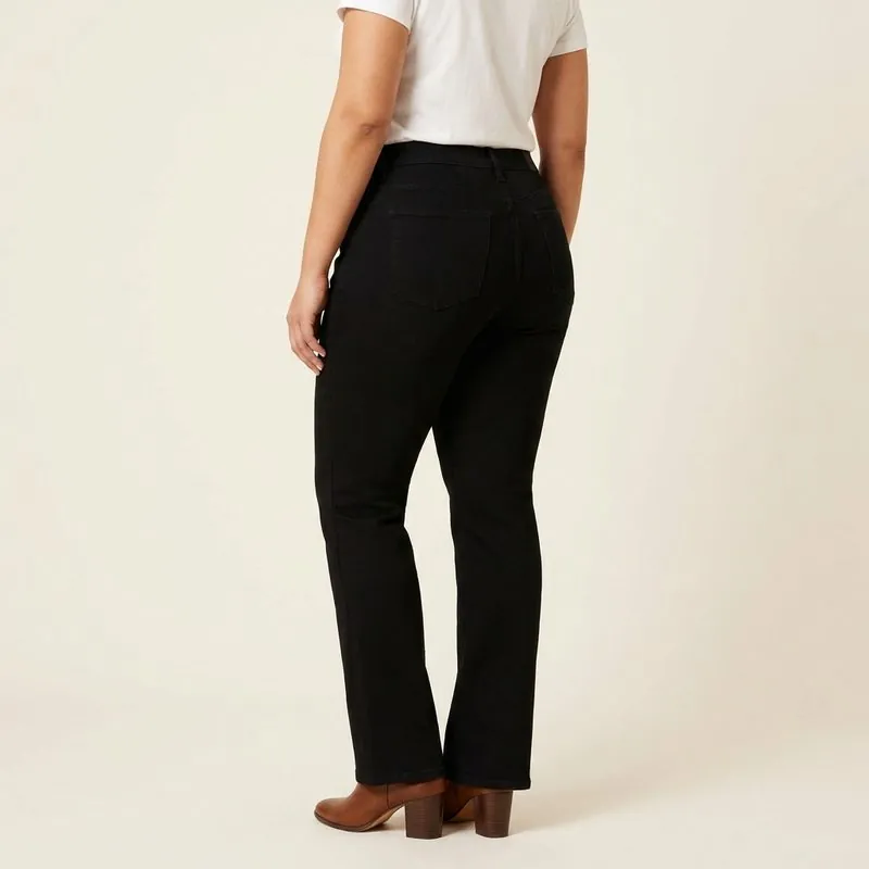 Bootcut jeans worn by a woman with a bottom hourglass shape, back view
