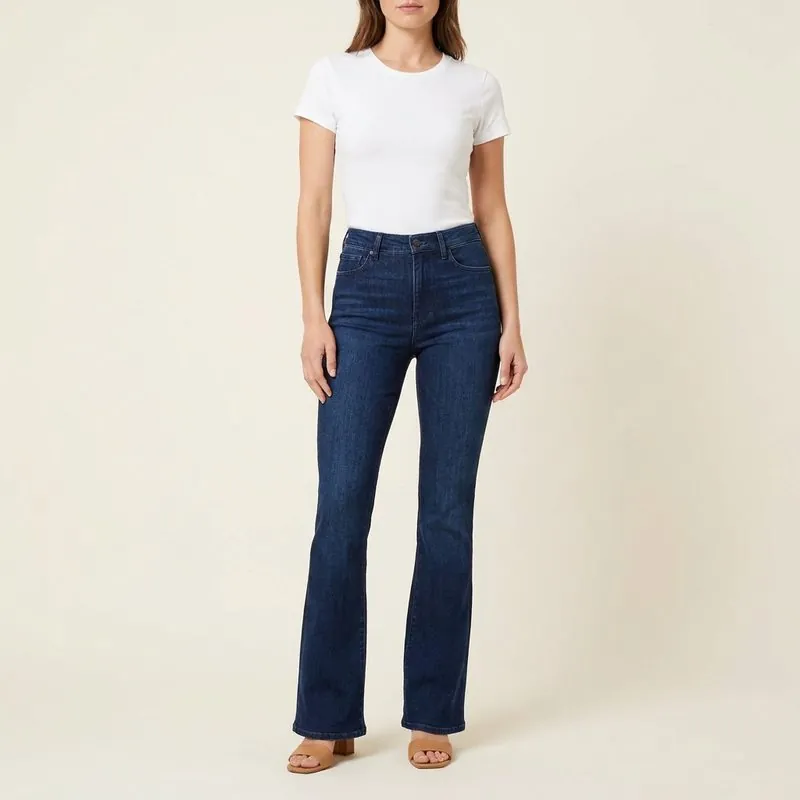 Flare jeans worn by a woman with a bottom hourglass shape