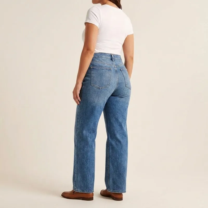 Wide Leg jeans worn by a woman with a bottom hourglass shape, back view
