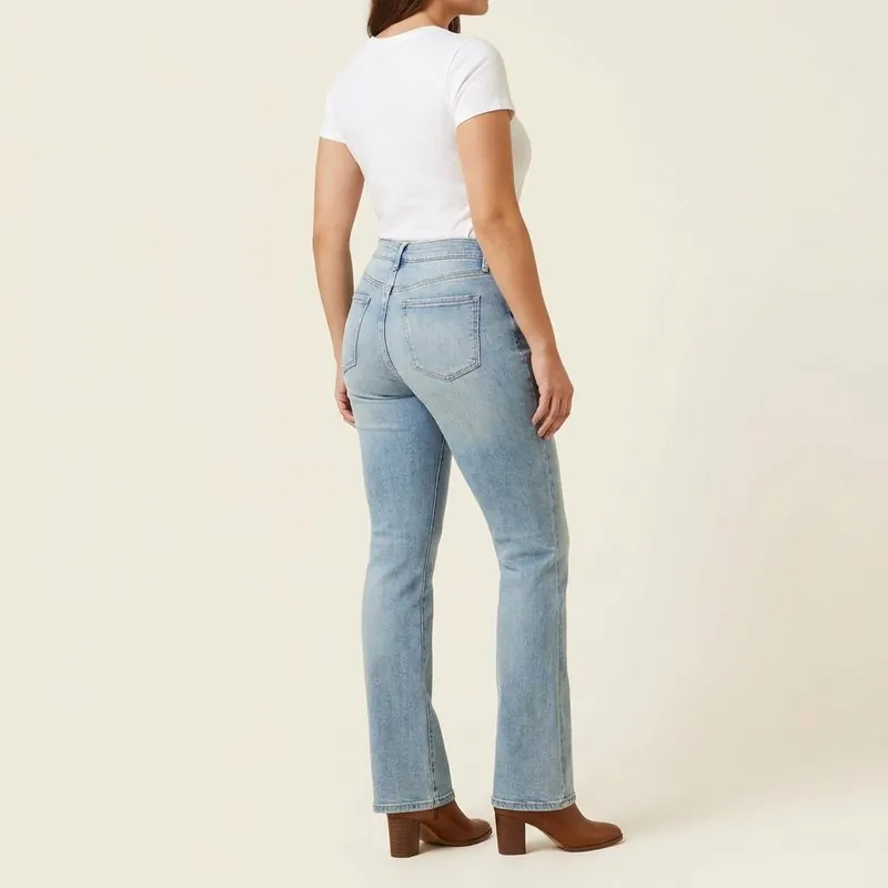 Bootcut jeans worn by a woman with an hourglass figure, back view