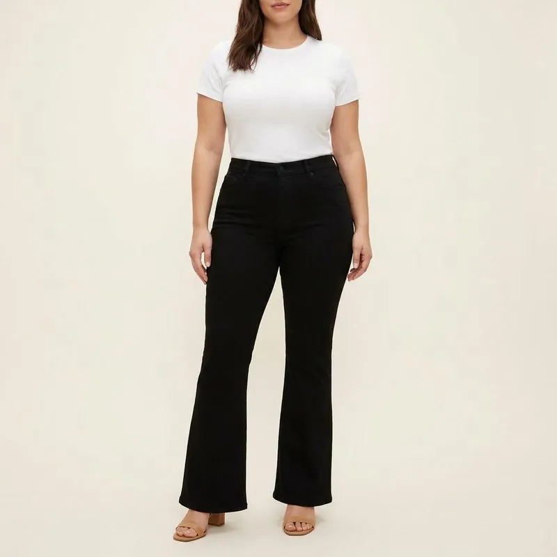 Flare jeans worn by a woman with an hourglass figure