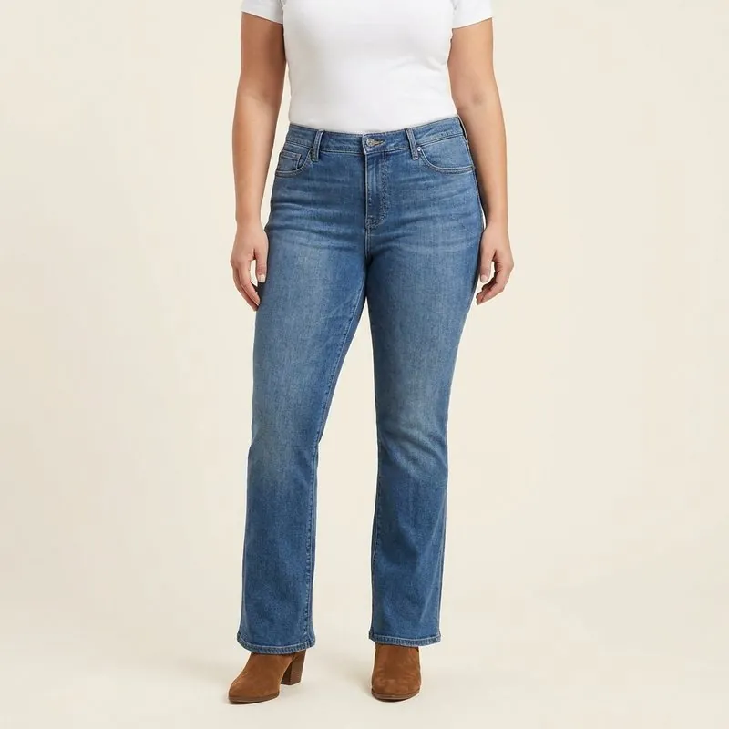Bootcut jeans worn by a woman with a pear-shaped body