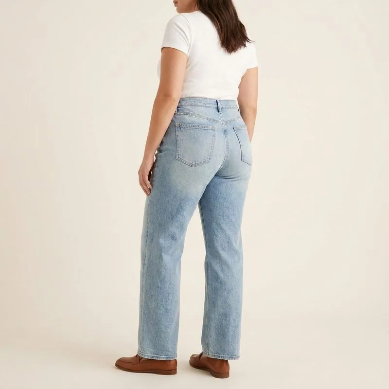Wide Leg jeans worn by a woman with a pear-shaped body, back view